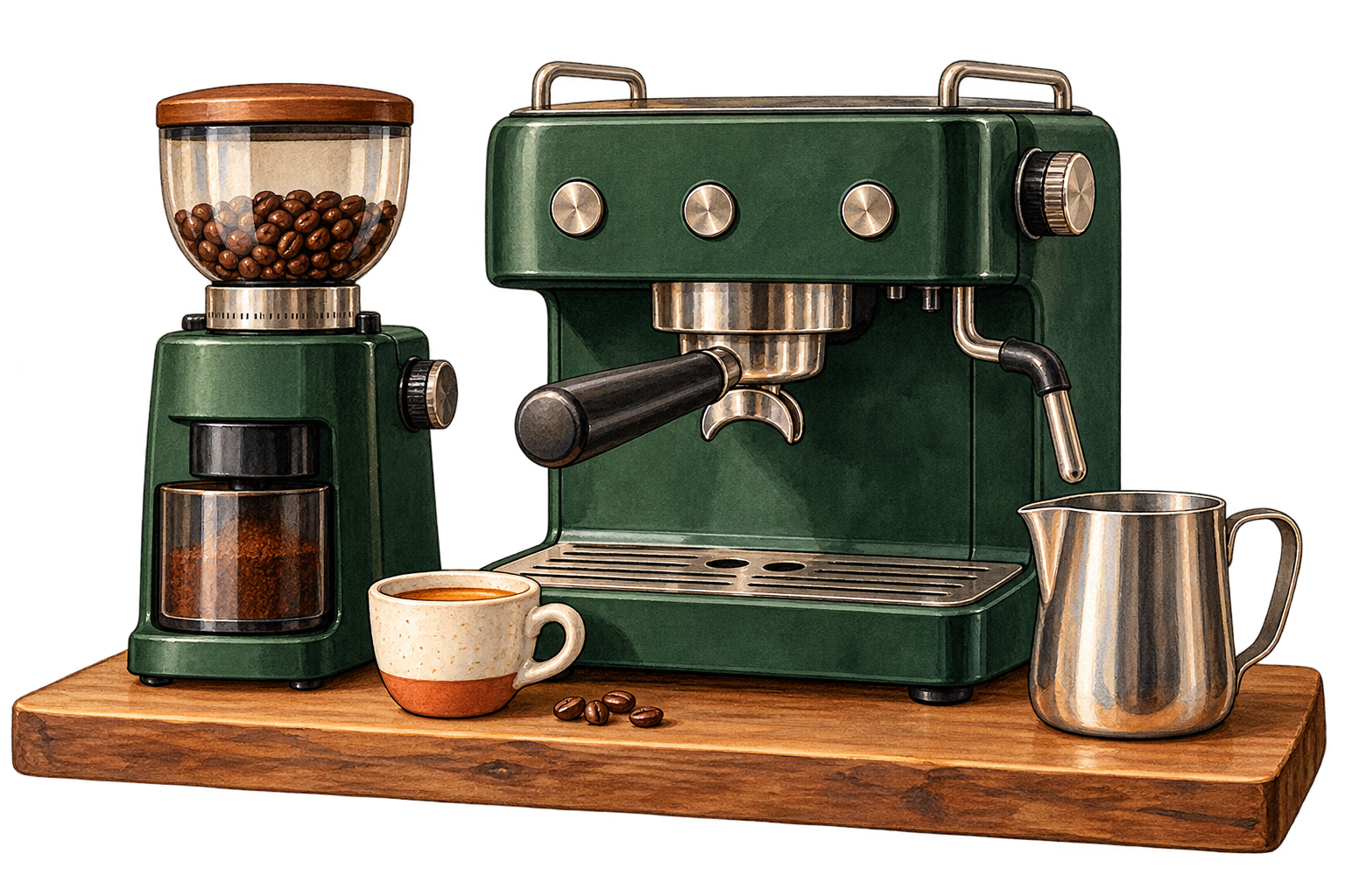 Getekende koffieplek met een espressomachine, koffiemolen en melkkannetje